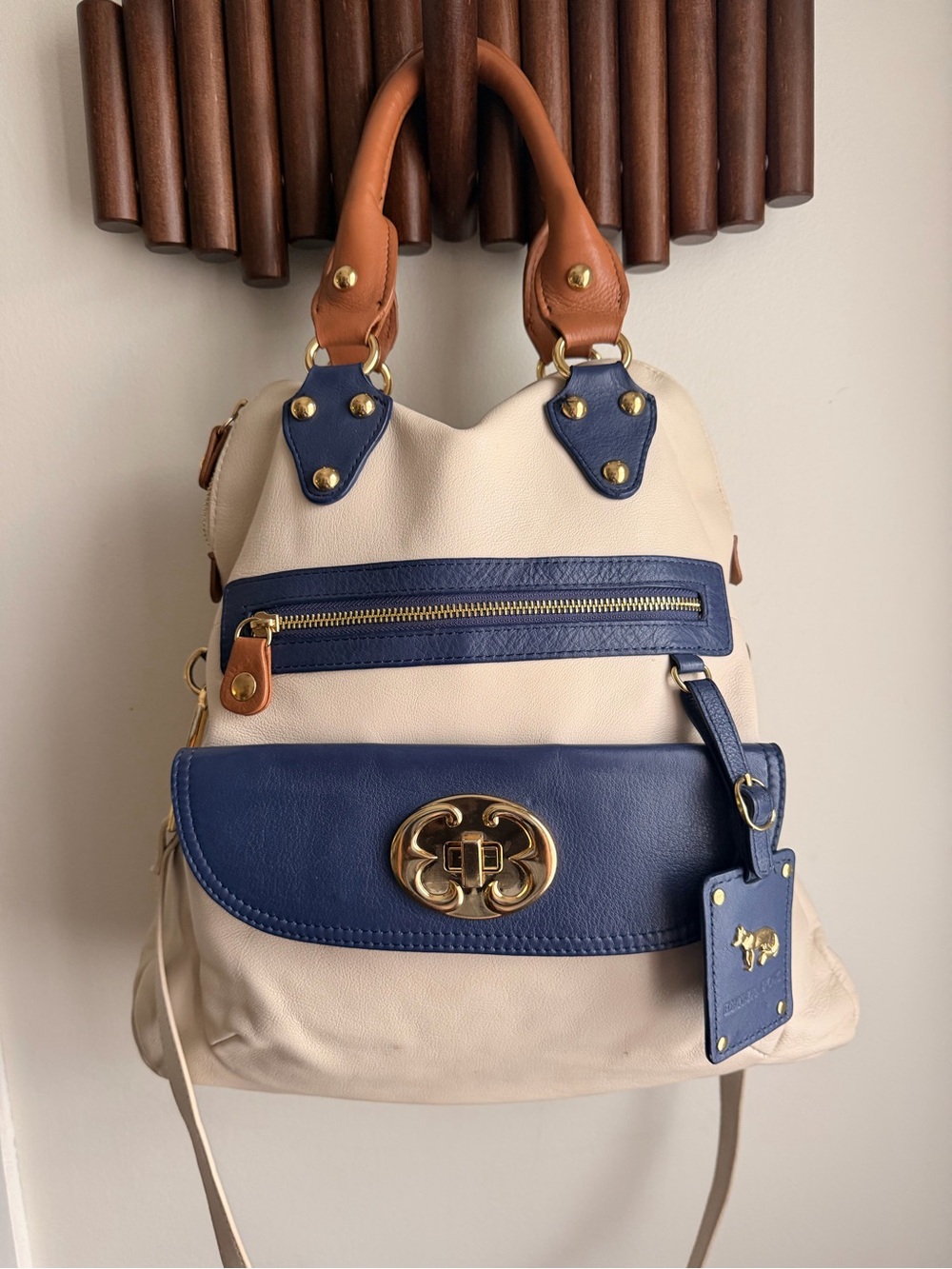 Emma Fox Cream, Navy & Tan Leather Backpack